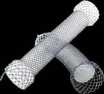 Taewoong Niti-S S pyloric/duodenal stent, silicone-covered braided mesh crossed and bent
